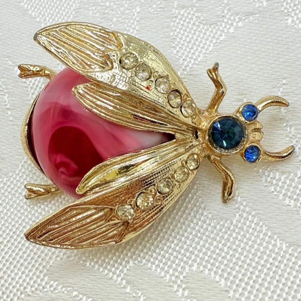 Vintage Insect Art Deco Style Brooch w/ Blue Rhinestone Eyes and Red Resin Belly